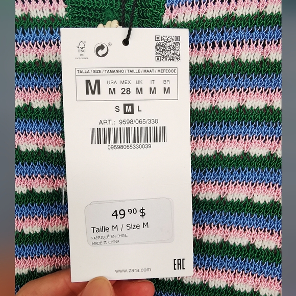 Zara NWT striped knit polo shirt with flower buttons Size M Green Pi nk blue - Picture 10 of 11